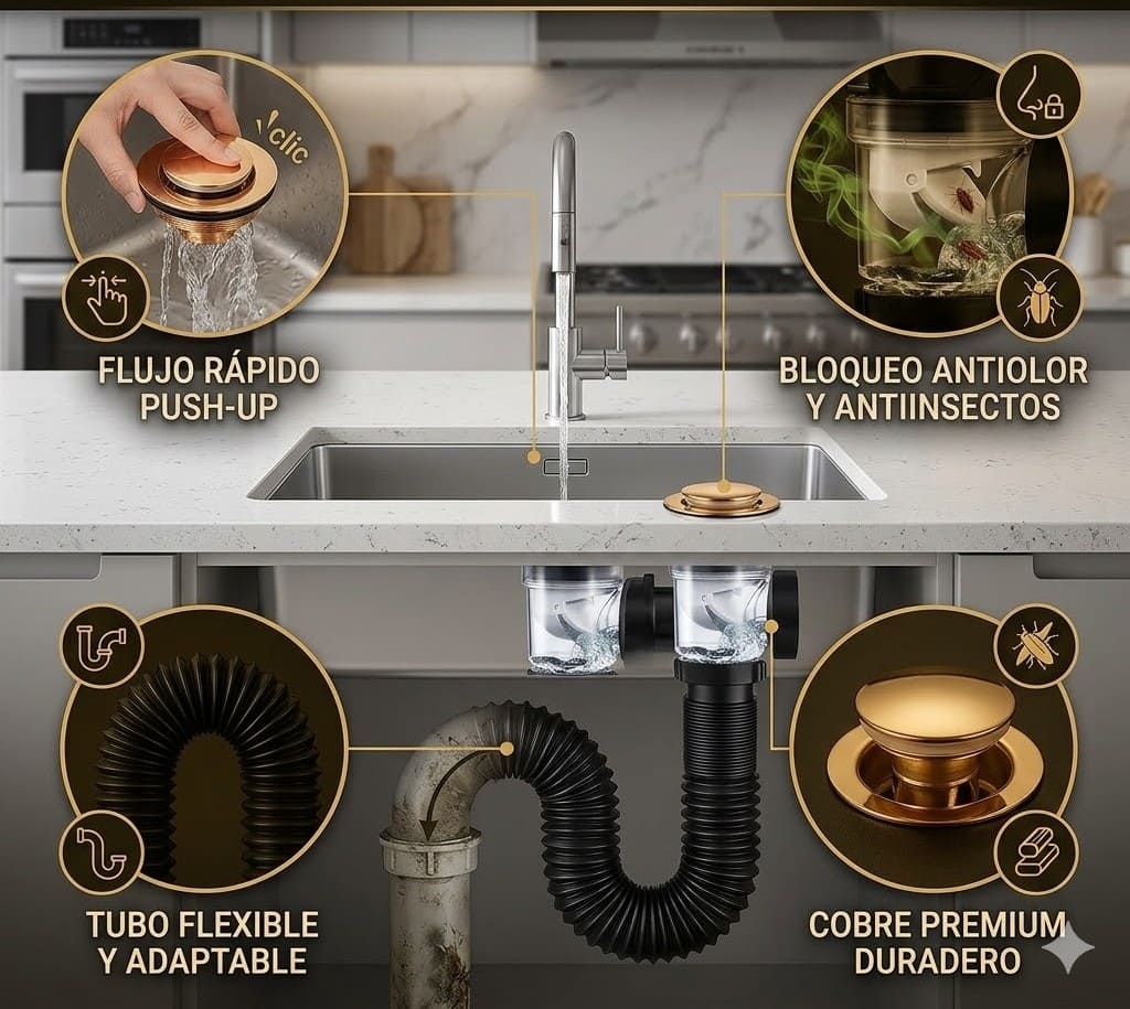 KIT DRENAJE FLEXIBLE 3 EN 1: Para lavatorios, baños y mucho más